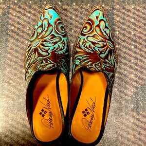 Patricia Nash turquoise tooled battista mules